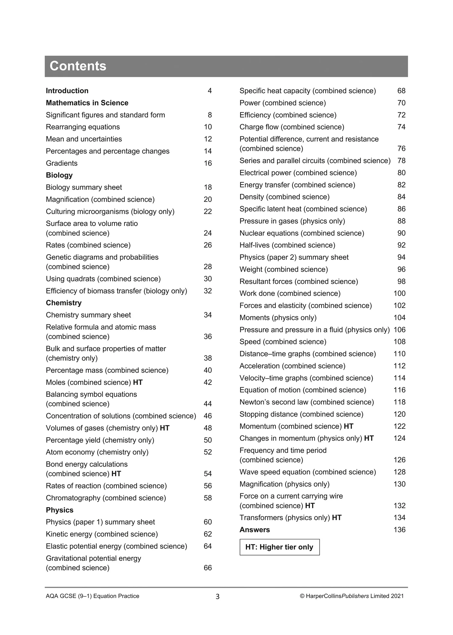 AQA GCSE Science 9-1 Equations Practice Pack